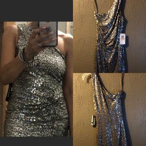 One shoulder bronze sequined dress. NWT. Small